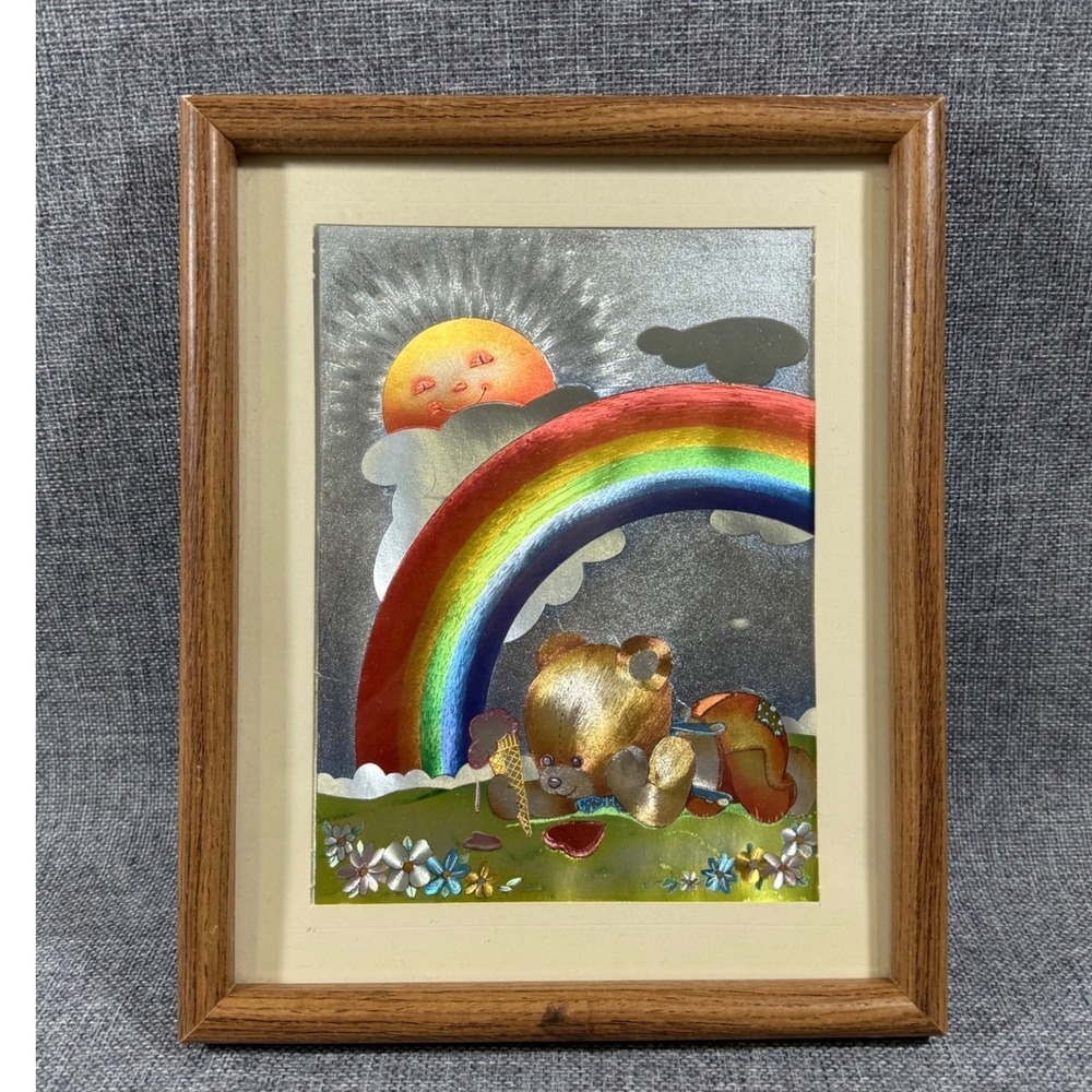 VTG DUFEX FOIL Art Framed Picture Teddy Bear Rainbow Sun Nursery Kid Decor 8x10